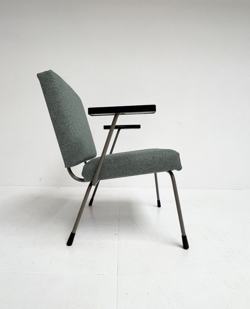 Re-upholstered blue Gispen 1401 armchair by Wim Rietveld, 1950's