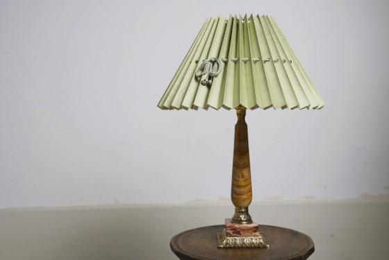 Image 1 of Vintage Pink Onyx Marble Table Lamp with Sage Green Pleated Shade, Italian Brass Bedside Lamp, Art Deco Hollywood Regency Accent