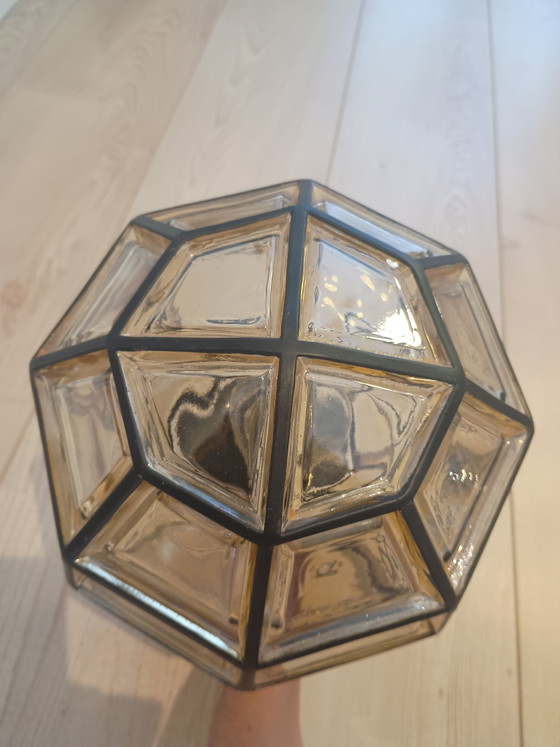 Design Lamp Glashütte Limburg Including Original Shade And Wiring. Amber Glass Brutalist Pendant Lamp. 70s (photo 3 of 6)
