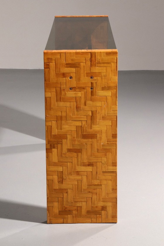 Image 1 of Max Papiri Braided Banana Wood & Smoked Glass Side Table – A Sculptural Modern Classic