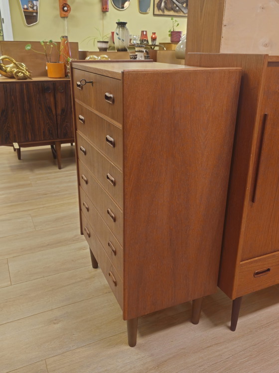 Image 1 of Cassettiera vintage danese a 6 cassetti, mobiletto con cassetti, mobiletto in teak, impiallacciatura in teak.
