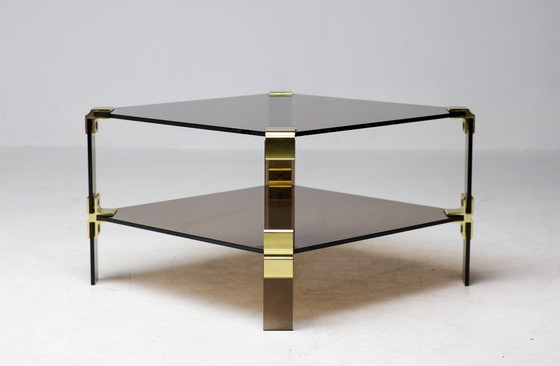 Image 1 of HOLLYWOOD REGENCY BRASS & SMOKED GLASS COFFEE TABLE CHIC TWO TIER END TABLE