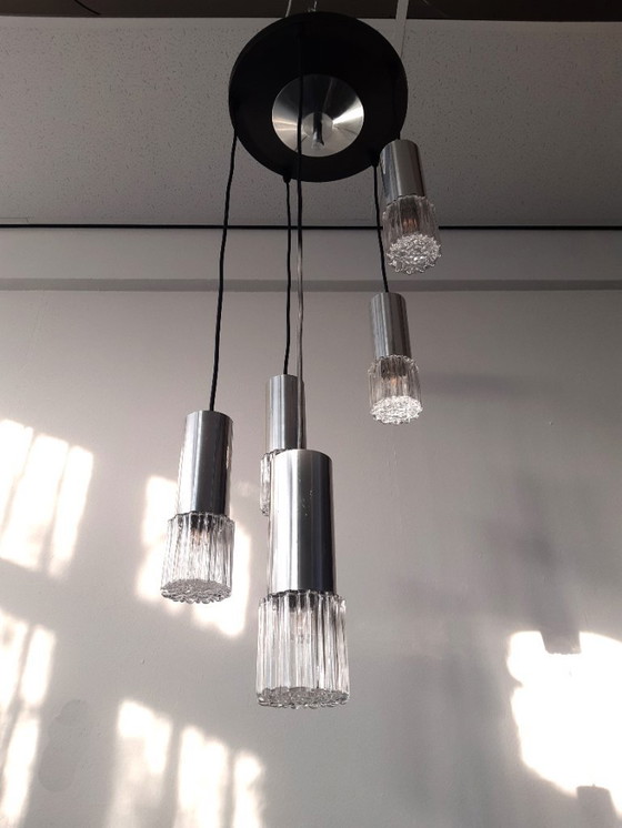 Image 1 of Vintage cascade pendant lamp with 5 transparent glass bubble glass cups, mcm glass chrome chandelier