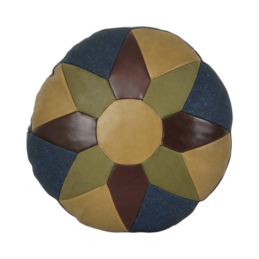 Vintage rundes Patchwork-Kissen, doppelseitig, aus Skai-Kunstleder, 44 cm – kussentjes