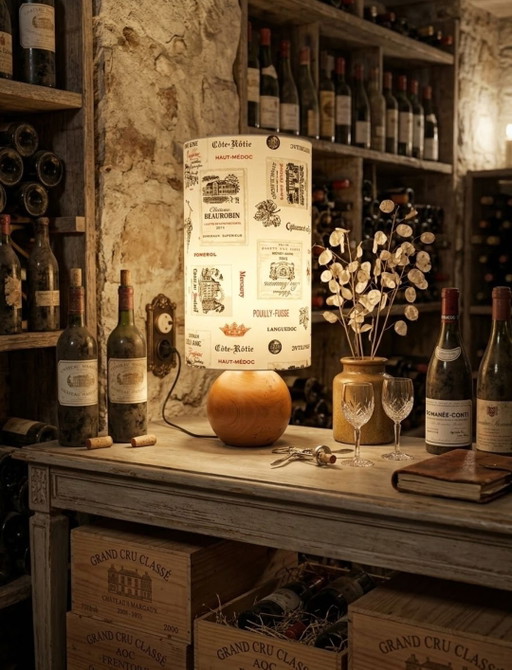 Lampada in legno vintage con motivo di etichette di vini Grand Cru francesi