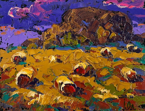 Image 1 of Original Oil Painting Evening Field Landscape Wind in the stubble