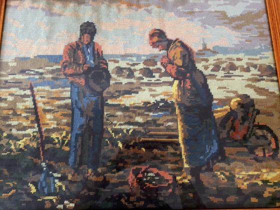 Image 1 of Ricamo a punto croce vintage incorniciato "L'Angelus" di Millet – Arte murale ricamata a mano – Decorazione rustic