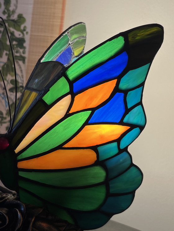 Image 1 of Set of 2 Stained Glass Table Lamps Butterfly Lamps
