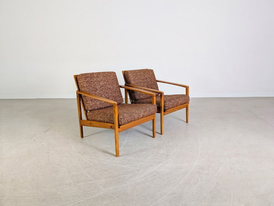 Image 1 of Ensemble de 2 fauteuils vintage style Midcentury, en noyer, années 1970