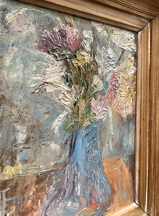 Vintage Floral Oil Painting with Impasto, Signed LB, 1977, Paintings & Drawings, Wood, Blue (photo 4 of 7)