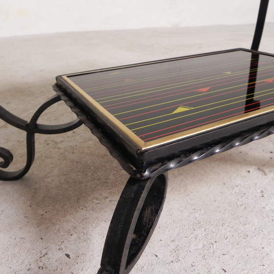 Image 1 of Table basse vintage avec 2 plateaux en verre avec impression des années 50