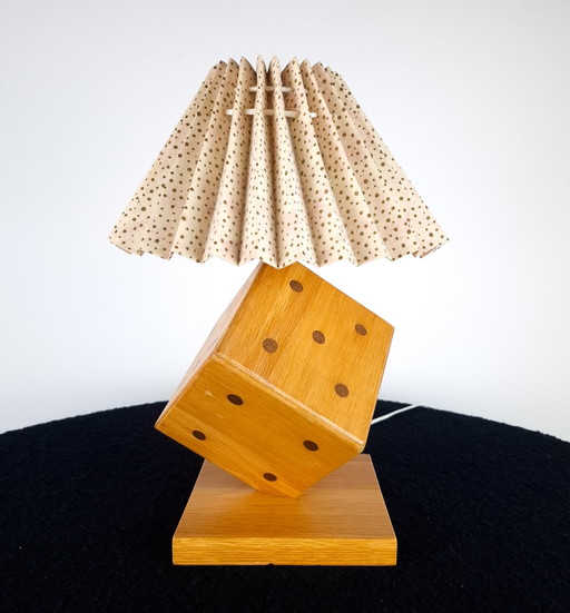 Vintage wooden dice lamp base with pleated shade, 1970s