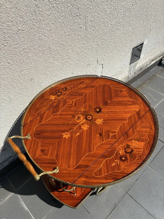 Carrello bar italiano in intarsio e ottone, metà del XX secolo, Carrelli bar, Legno, Marrone, 1950 (foto 3 di 8)