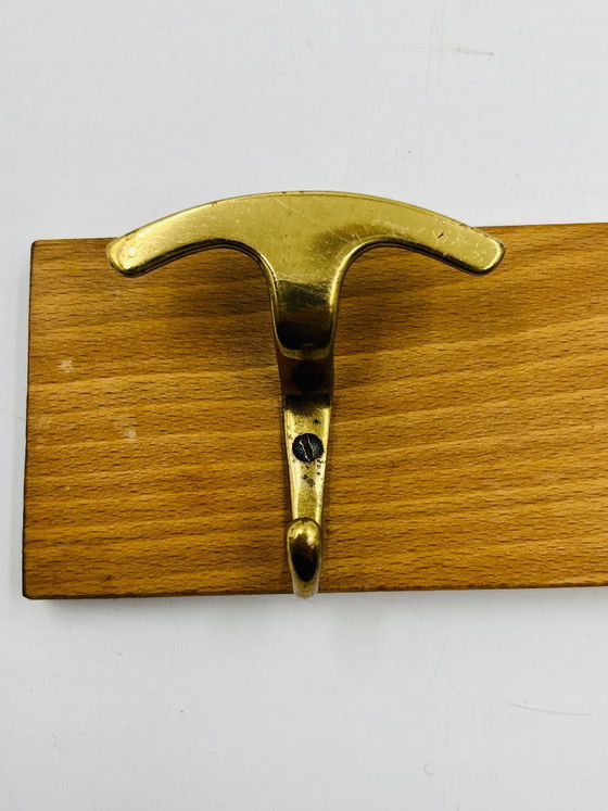 Image 1 of Vintage design wall-mounted coat rack in brass and wood