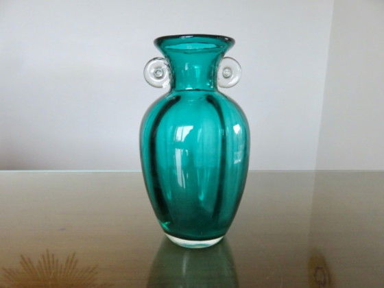 Image 1 of Murano-Glasvase mit Henkeln, türkisfarben, 1970