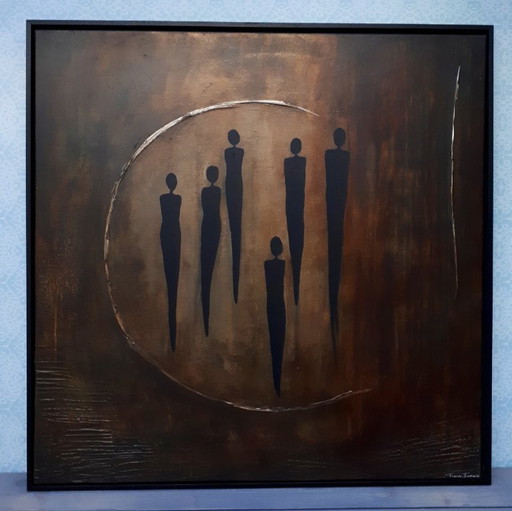 frances eckhardt - figurative painting 6 dark figures 90x90 cm framed