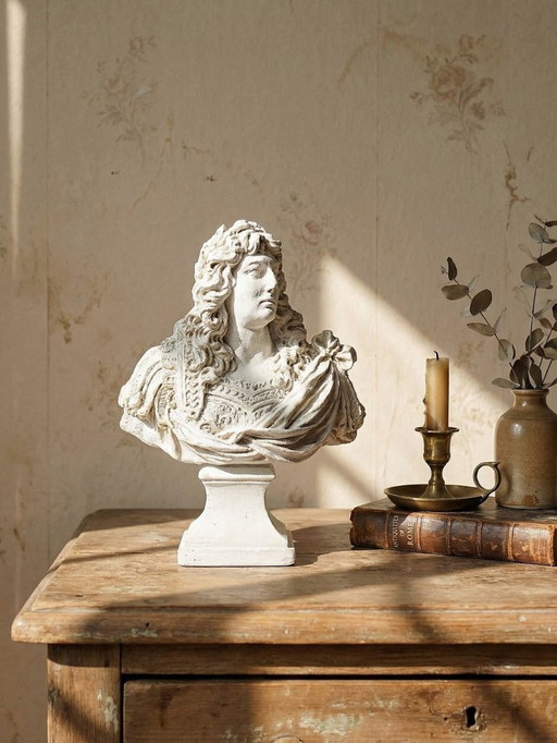 Kleine antike/Vintage-Büste Ludwigs XIV. nach Gole & Le Brun, weißer Gips