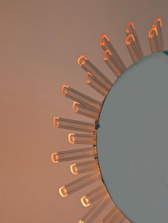 Image 1 of Mid-Century Modern Sunburst Mirror Wall Lamp in Lucite with Pink Glow, 1970s