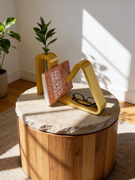 Image 1 of 3D-gedruckter Buchständer mit Brillenhalter und Reagenzglasvase – Dekoratives Display aus goldenem PLA