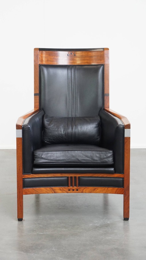 Fauteuil Art Déco en cuir de vachette noir et bois par Schuitema de la série decoforma