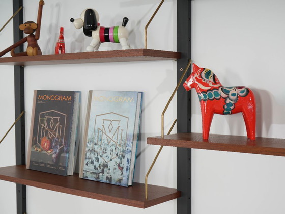 Danish Modular Shelving From The 1970s — Teak Veneer With Black Wall Rails, Ten Shelves – Bookcases, Wood (photo 9 of 18)