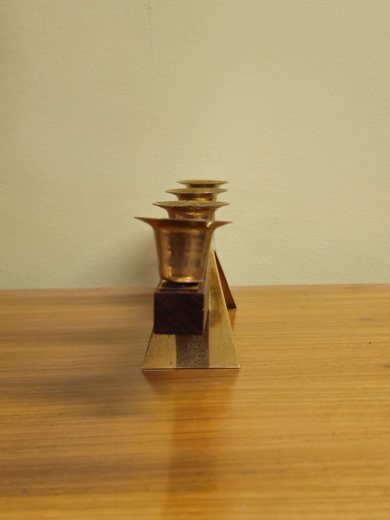 Image 1 of Vintage Teak Teak Wood Brass Candlestick Candle Holder