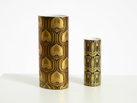 Image 1 of Two beautiful 1970s porcelain vases by Björn Wiinblad for Rosenthal Studio-Linie. Abstract peacock feathers in gold and black