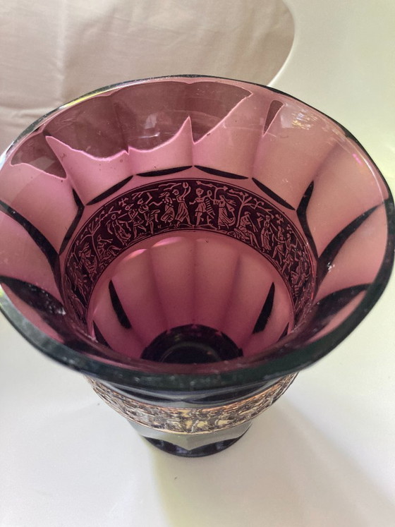 Image 1 of Amethyst Vase Art Decó mit vergoldetem Fries von Walther-Glas