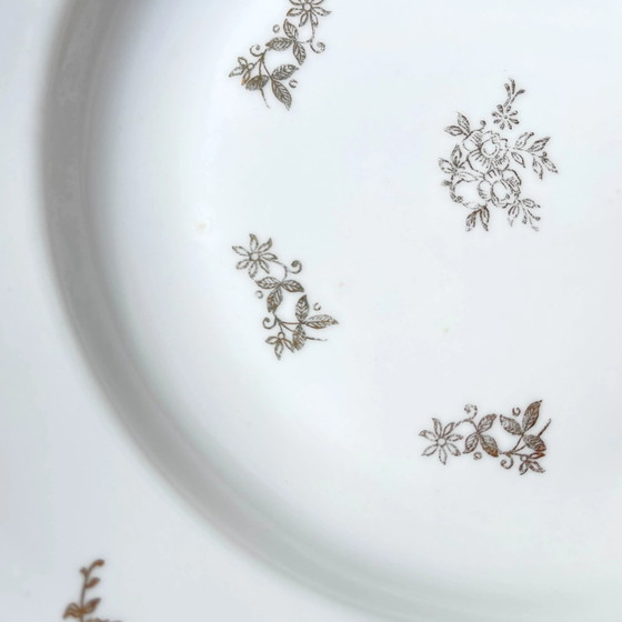 6 Assiettes Creuses en Porcelaine Blanche Dorée J&Ciem France 1950 Motif Floral – Vaisselle (photo 9 of 9)