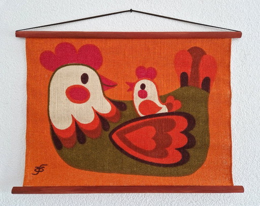 Vintage Wandteppich mit Huhn und Küken von Hans Jurgen Schöbel - 70er Jahre – wanddecoratie, Textile