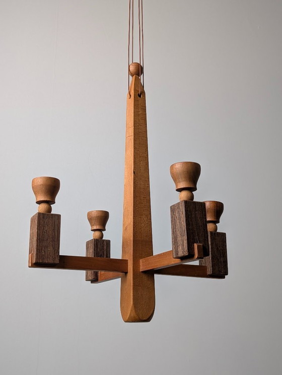 Image 1 of Danish Art Deco Style Wooden Candle Chandelier, 1970s