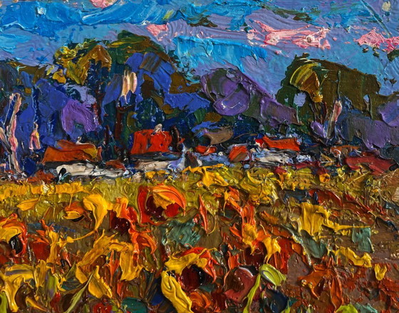 Image 1 of Original Oil Painting Day Flowers Landscape Sunflower field in the village