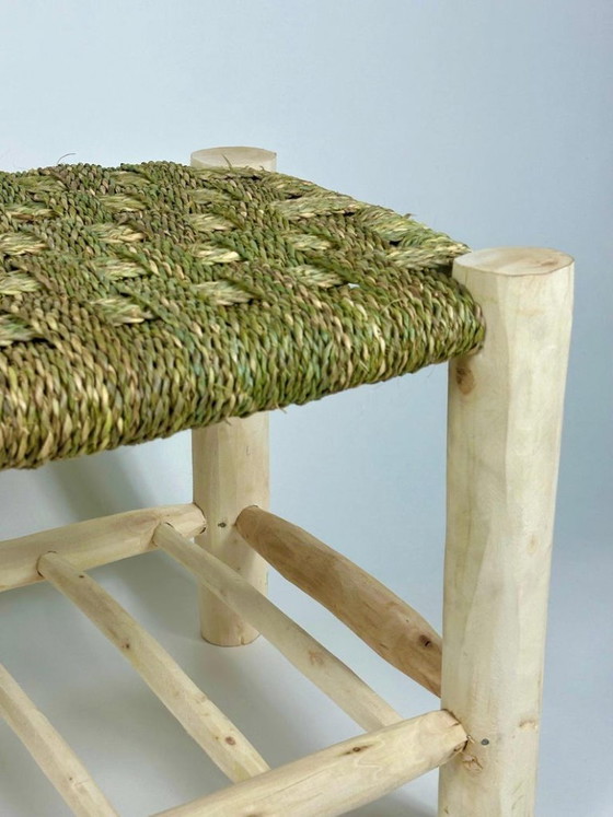 Image 1 of Panchina marocchina in foglie di palma intrecciate a mano - Seduta rustica in stile boho 100cmx40cm