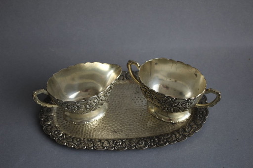 Decorative sugar and cream/milk set with tray, brand TK, silver-plated