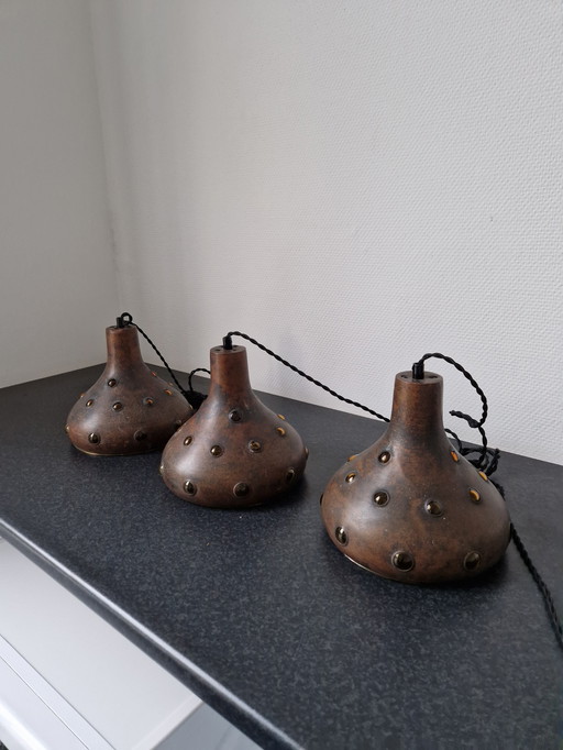 Set of 3 Nanny Stil pendant lamps copper and glass Raak 1960s