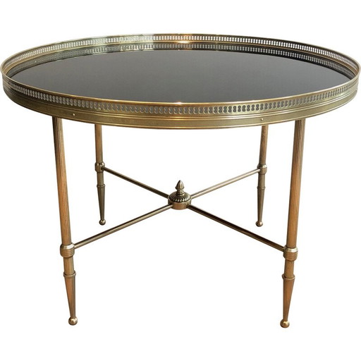 Table basse ronde vintage en laiton et verre laqué noir pour Maison Jansen, France 1940