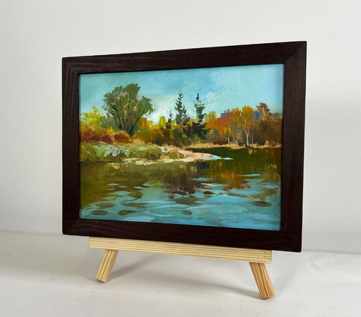 Origineel olieverfschilderij: Herfstlandschap aan een rivier, de natuur in.