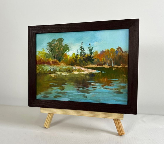 Image 1 of Origineel olieverfschilderij: Herfstlandschap aan een rivier, de natuur in.