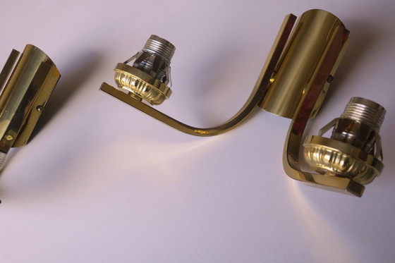 Image 1 of Mid Century Pair of Brass and Glass Double Wall Lights, 1970s