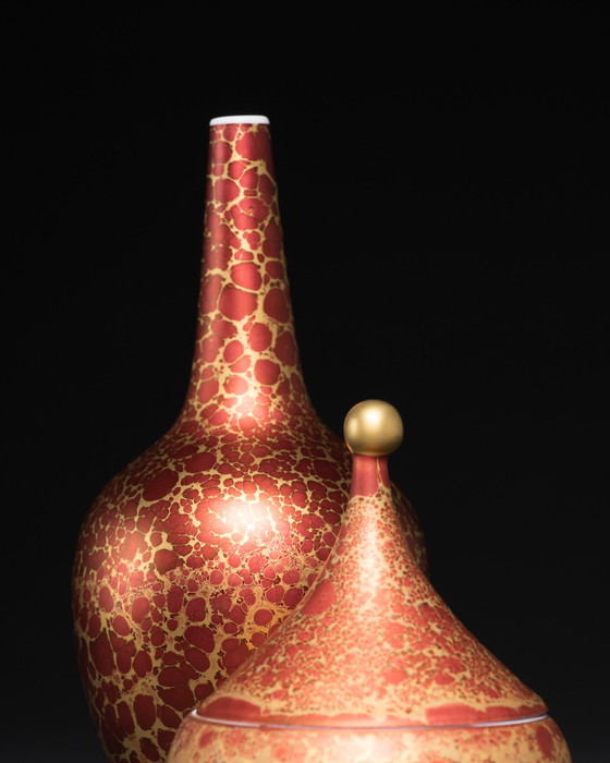 Image 1 of Vase Duo en porcelaine peinte à la main, rouge Goldfeuer, Hans Wohlrab Rosenthal H. Drexler