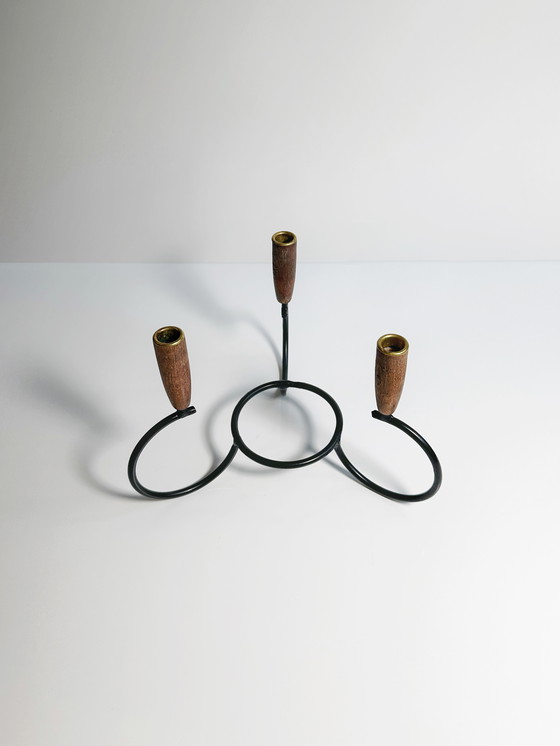 Image 1 of Danish Mid - Century candle holder Lüthje Denmark metal teak wood candle holder 50s 60s 70s