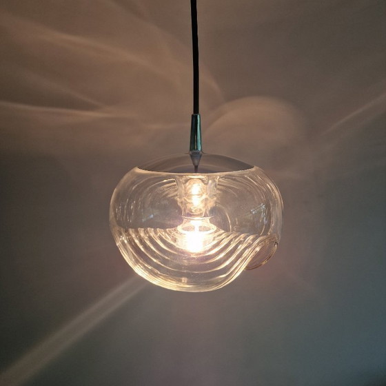 Image 1 of Vintage Space Age pendant lamp - Peill & Putzler "Wave" / "Futura" - 1970s Germany - Glass and Metal - Ø 22 cm. Space Age Design