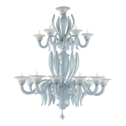 Contemporary Mid-Century Modern Venetian Azure Style Murano Glass Chandelier With Leaves