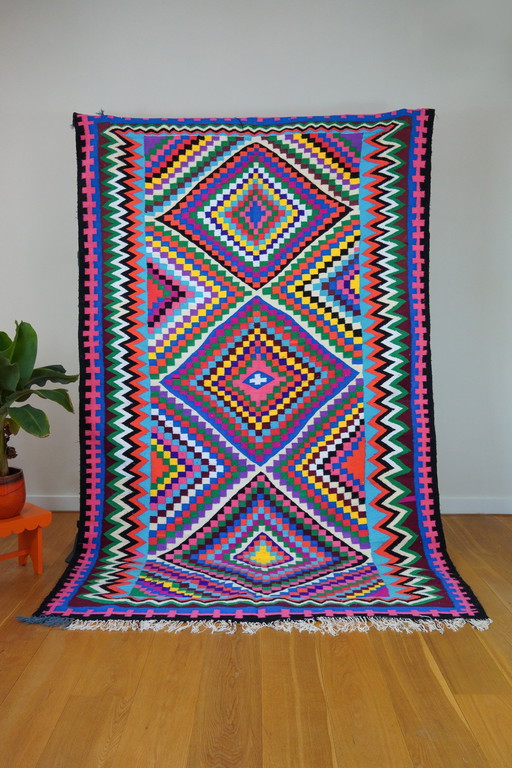 Handwoven Colorful Checkered Wool Rug From Tunisia - 100% Natural Wool