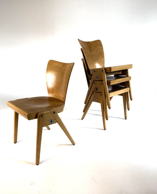 4 sedie impilabili in compensato vintage, Kaderer anni '60