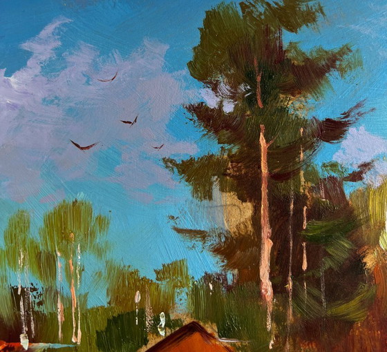 Image 1 of Original Oil Painting Frosty Houses Landscape Winter calm in the village
