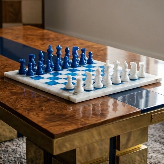 Image 1 of 1970s Gorgeous Sky Blue and White Chess Set in Volterra Alabaster Handmade. Made in Italy