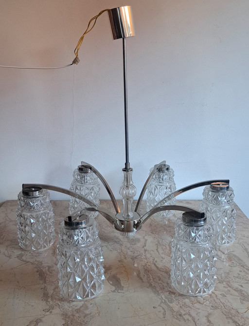 Lampadario vintage a 6 bracci in vetro e metallo, lampada a sospensione con attacco normale