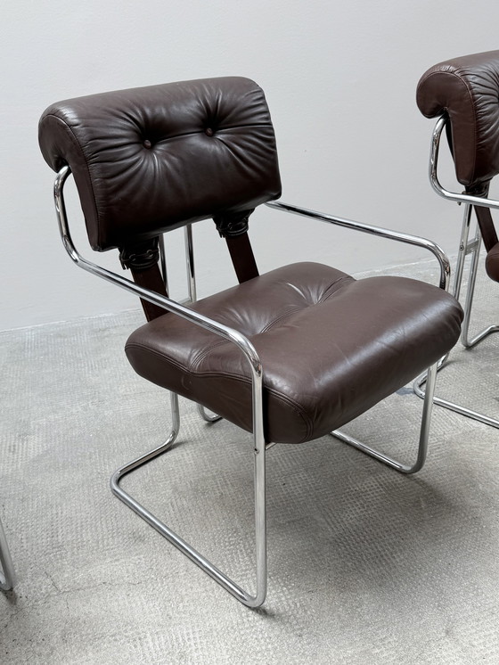 Image 1 of Set of 4 Guido Faleschini for i4Mariani 'Tucroma' chairs leather brown chrome, Italy 1970s