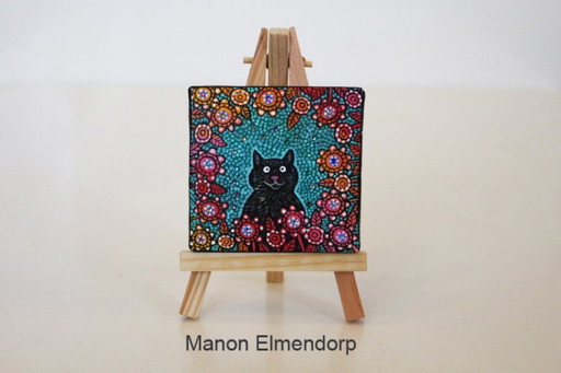 Unique Hand-Painted Small Painting including Little Donkey and Black Cat – schilderijen tekeningen, Wood, Canvas